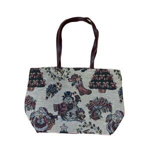 Orvis Christmas handbag tote woven fabric tapestry leather straps